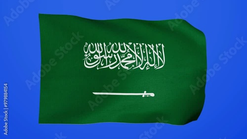 3D animation of Saudi Arabia waving flag isolated on a blue background. Realistic fabric texture of Saudi Arabia national flag flying smoothly on chroma key. For Yaumul Wathaniy or independence day. photo