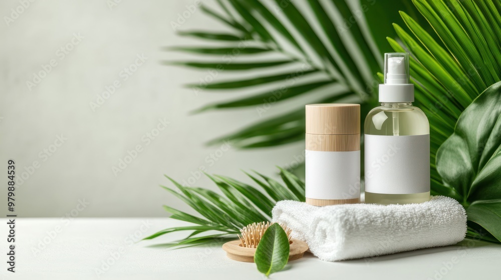 Spa Products and Green Foliage on White Surface Spa Products and Green Foliage on White Surface