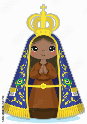 Illustration of Our Lady of the Conception of Aparecida, Virgin of Aparecida, Marian advocations, patron saint of Brazil, Virgin Mary, dark-skinned Virgin, illustration for children, religious images