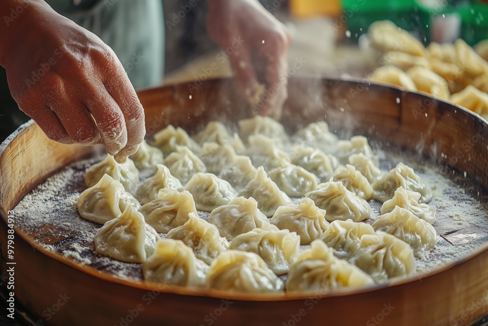 Artfully crafted dumplings being prepared by skilled hands in a bustling kitchen, embodying culinary tradition and passion Artfully crafted dumplings being prepared by skilled hands in a bustling kitchen, embodying culinary tradition and passion