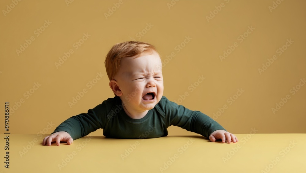 A baby is crying against a yellow background A baby is crying against a yellow background