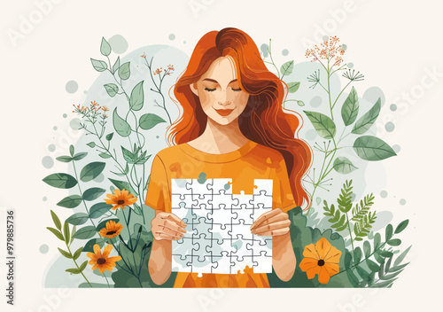 Woman Building Career Success with Puzzle Piece, Vector Illustration, Minimalistic, Conceptual Art of Personal Growth and Achievement