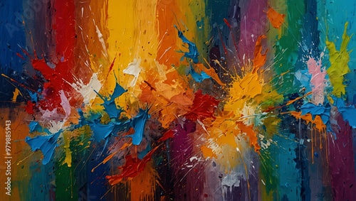 Vivid abstract painting with splashes of colorful paint on canvas. photo