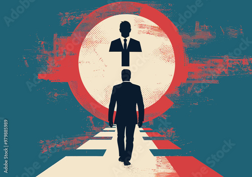 Business Leader Choosing Direction Conceptual Illustration Vector with Silhouette and Abstract Background Depicting Managerial Decision-Making and Leadership Path in Minimalistic Style