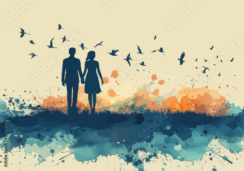 Business Couple Standing on Flying Arrows Searching for Opportunities - Minimalistic Vector Illustration Depicting Professional Success and Growth Concept