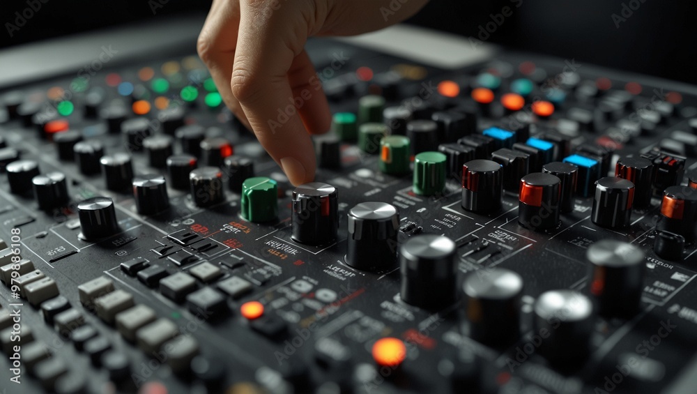 Hand adjusting knobs on a professional audio mixing console