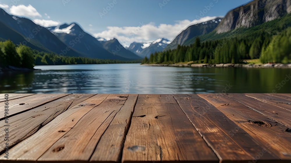 The empty wooden brown table top with blur background of Norway nature landscape. Exuberant image. Generative AI The empty wooden brown table top with blur background of Norway nature landscape. Exuberant image. Generative AI