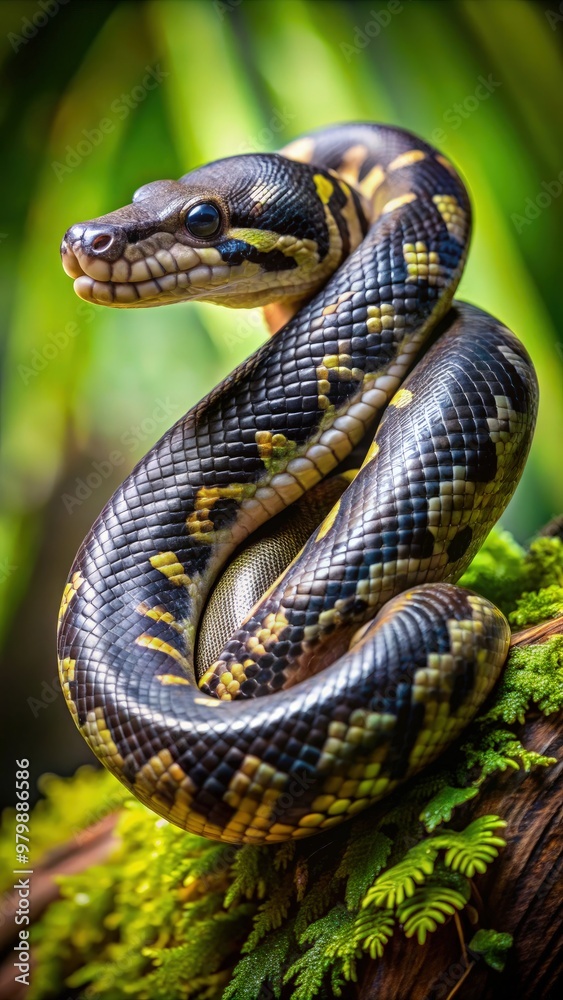 A colorful black and yellow python resting on a branch in a lush jungle setting. Generative AI A colorful black and yellow python resting on a branch in a lush jungle setting. Generative AI