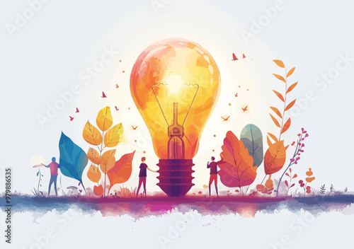 Team Collaboration on New Project Idea with Light Bulb Symbolizing Innovation and Creativity, Minimalistic Vector Illustration, Concept of Teamwork and Growth Strategy photo