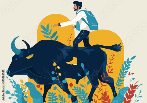 Businessman Riding Bull in Bullish Market, Business Success Concept, Minimalistic Business Illustration with Vibrant Colors, Daytime Positive Market Growth, Modern Business Vector Art