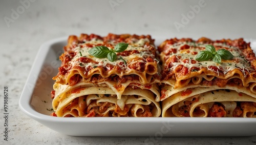 Delicious multi-layered lasagna served on a white plate garnished with basil. photo