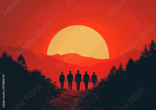 Business Team of Five Walking Towards Sunset, Symbolizing Success and Growth in Minimalistic Vector Illustration