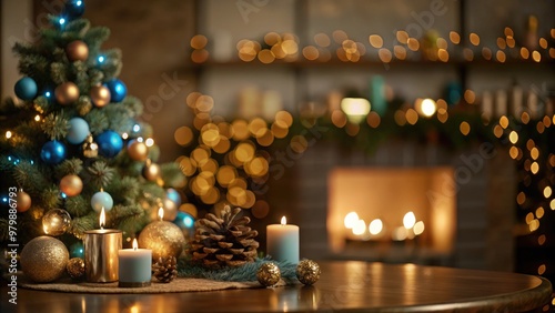 Cozy Christmas decor featuring a tree with blue and gold ornaments and a fireplace. Generative AI