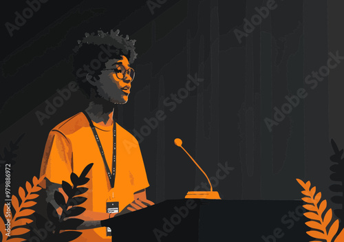 Young Speaker Giving Educational Lecture, Business Presentation, Minimalistic Vector Illustration, Modern Concept, Nighttime Setting, Professional Presenter, Educational Activity, Inspiring Speech