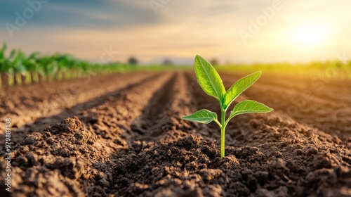 A vibrant green sprout emerging from the soil, with rows of crops in the background bathed in the soft, warm light of dawn, symbolizing sustainable farming.