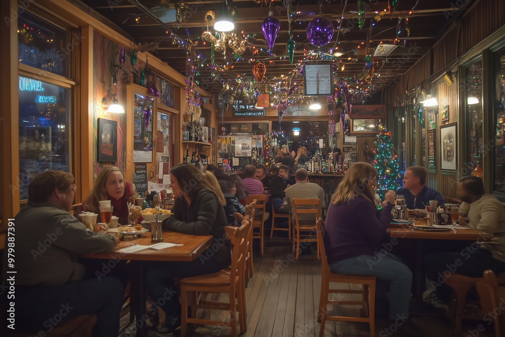 A cozy cafe filled with laughter and good food as locals enjoy a festive evening under twinkling lights A cozy cafe filled with laughter and good food as locals enjoy a festive evening under twinkling lights