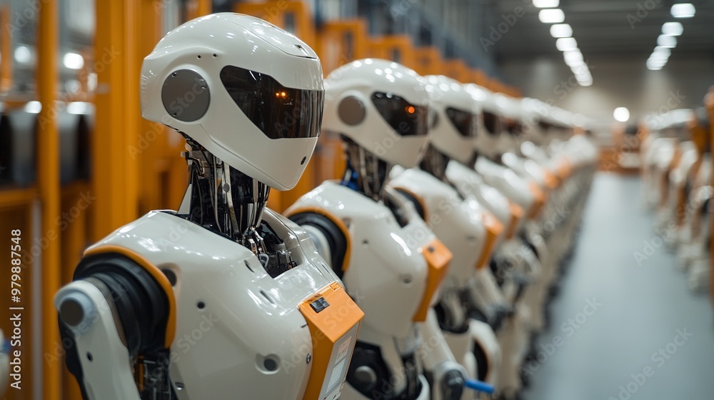 Fototapeta premium AI drives industrial automation, empowering humanoid robots with sophisticated control over factory operations. These robots, guided by artificial intelligence, enhance efficiency