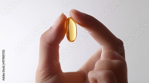 Close-Up of Hand Holding a Single Softgel Capsule, Omega-3 Supplement, Health and Wellness, Vitamin D, Nutritional Supplement, Generated AI