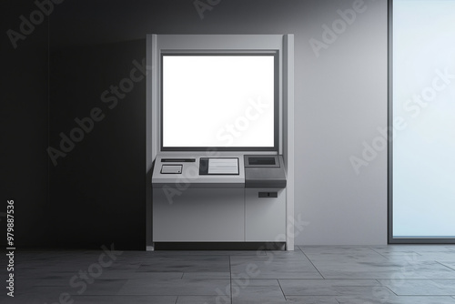 A modern ATM machine with a blank display stands against a sleek grey wall in a quiet urban setting, inviting curiosity at dusk