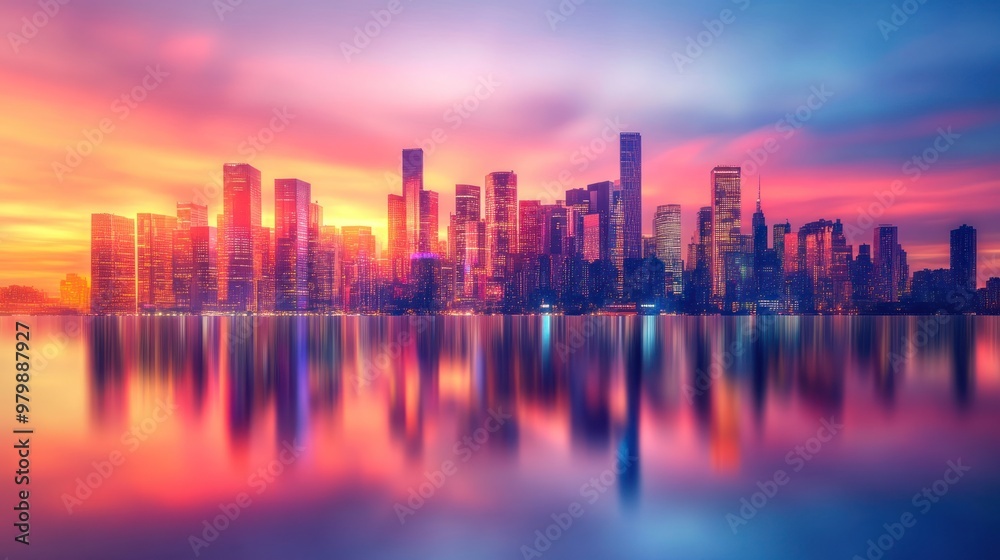 Fototapeta premium Cityscape with Reflection at Sunset