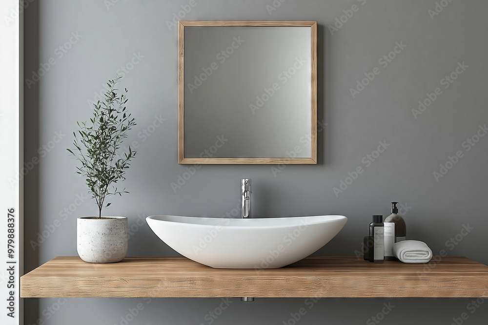 Sleek gray sink elegantly placed on a wooden shelf in a modern, minimalist bathroom filled with natural light