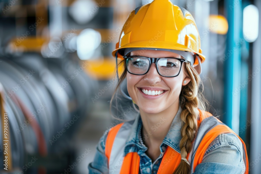A woman wearing an orange safety vest and a hard hat is smiling, generative ai image A woman wearing an orange safety vest and a hard hat is smiling, generative ai image