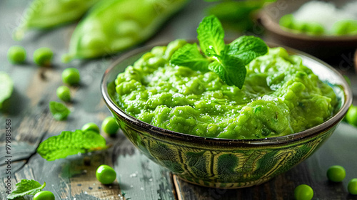 Mushy peas recipe, traditional English side dish for fish and chips, homemade cooking idea photo