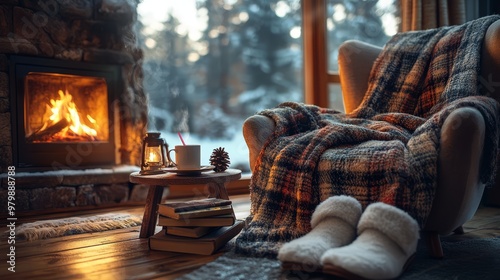 Cozy evening book nook by the fire with a soft armchair, warm blanket, stack of novels, and a cup of cocoa