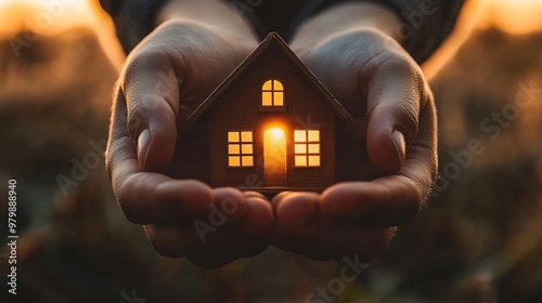 Hands Holding Glowing House Model, Symbolizing Home, Comfort, Real Estate, Security, Warmth, Generated AI
