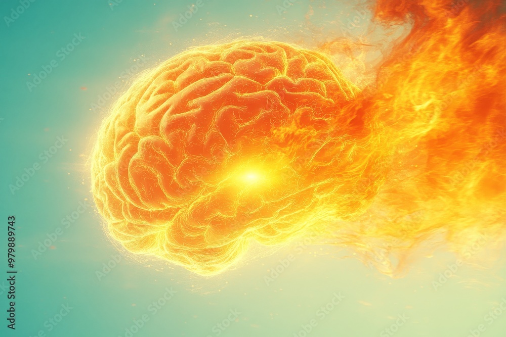 Fiery brain engulfed in flames radiating bright yellow and orange colors representing high energy creativity and intense neural activity in a dynamic powerful visual Fiery brain engulfed in flames radiating bright yellow and orange colors representing high energy creativity and intense neural activity in a dynamic powerful visual