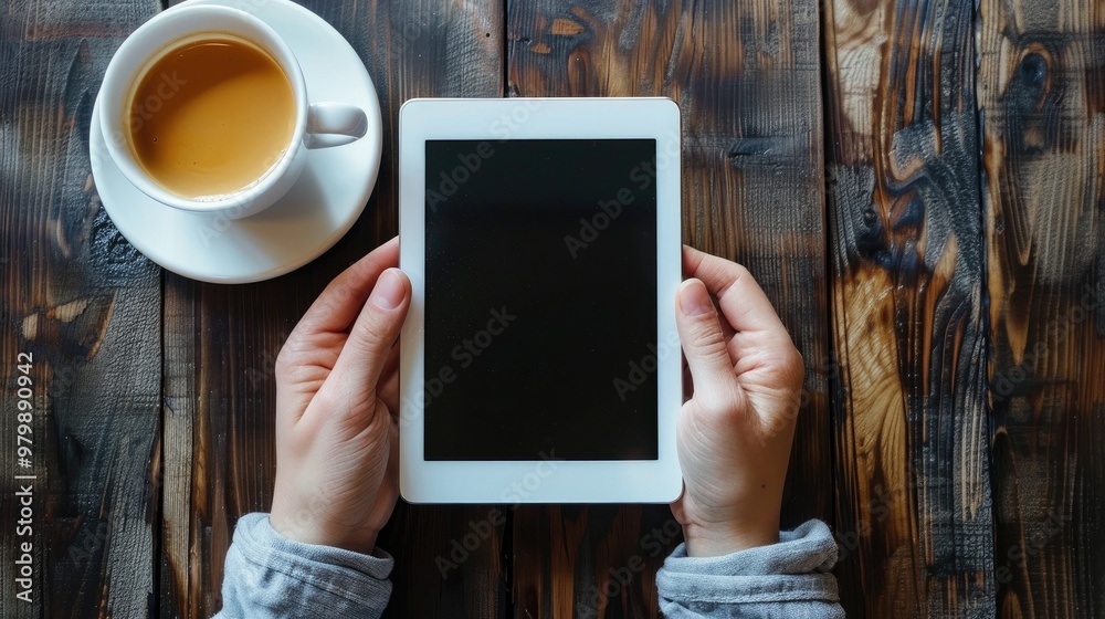 Image of hands holding tablet and coffee cup on table Image of hands holding tablet and coffee cup on table