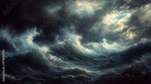 An intense image of a storm at sea, with towering waves and turbulent waters under a dark, ominous sky, highlighting the storm power and the danger it poses