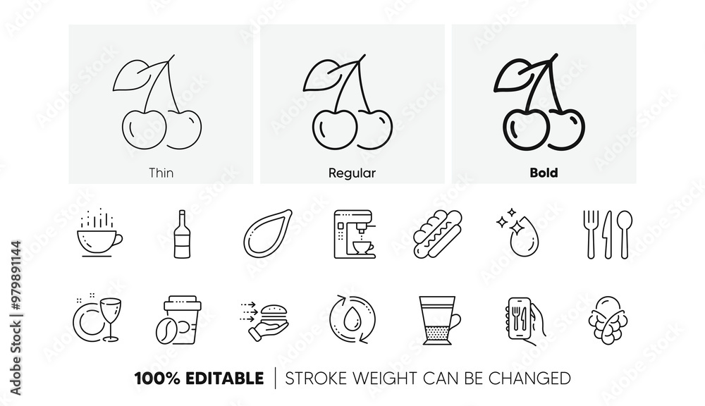 Naklejka premium Dish plate, Double latte and Coffee maker line icons. Pack of Restaurant app, Hotdog, Cherry icon. Takeaway coffee, Food, Refill water pictogram. Food delivery, Wine, Ice cream. Line icons. Vector