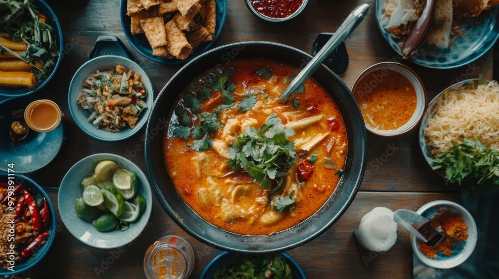 An overhead shot of a bowl of hot on a dining table, surrounded by traditional Thai side dishes and condiments, creating a vibrant and inviting meal spread. An overhead shot of a bowl of hot on a dining table, surrounded by traditional Thai side dishes and condiments, creating a vibrant and inviting meal spread.