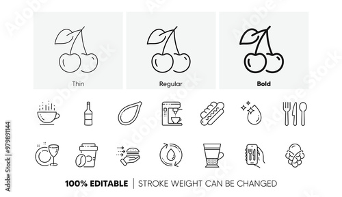 Dish plate, Double latte and Coffee maker line icons. Pack of Restaurant app, Hotdog, Cherry icon. Takeaway coffee, Food, Refill water pictogram. Food delivery, Wine, Ice cream. Line icons. Vector