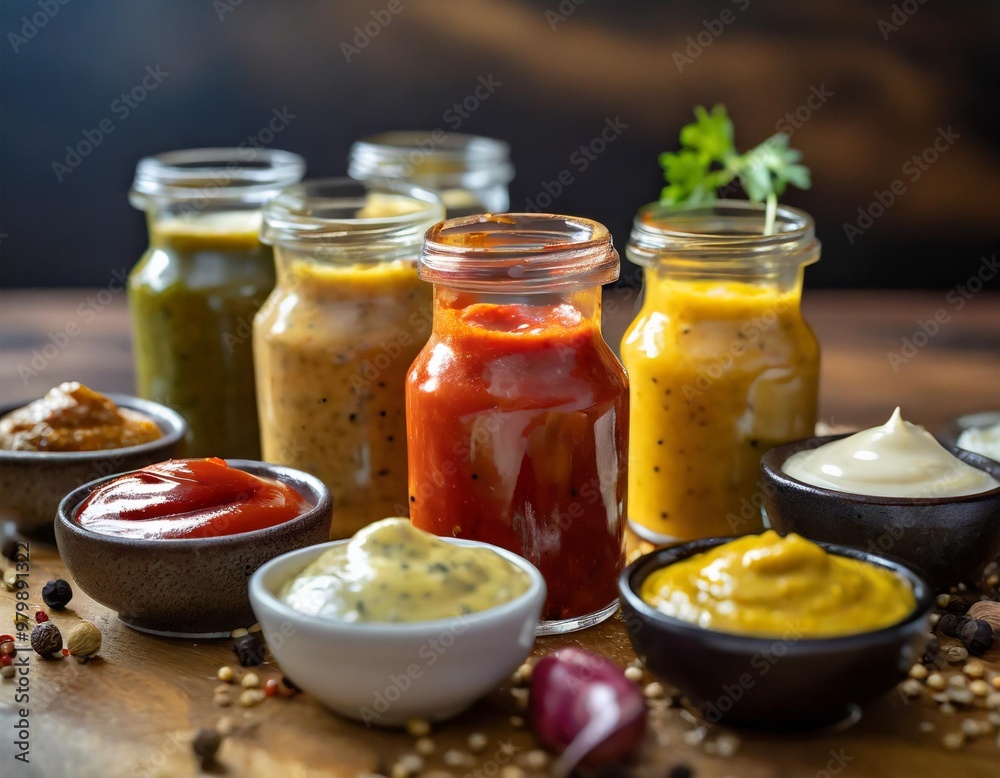Assorted condiments with depth of field showcasing vibrant sauces and rich textures