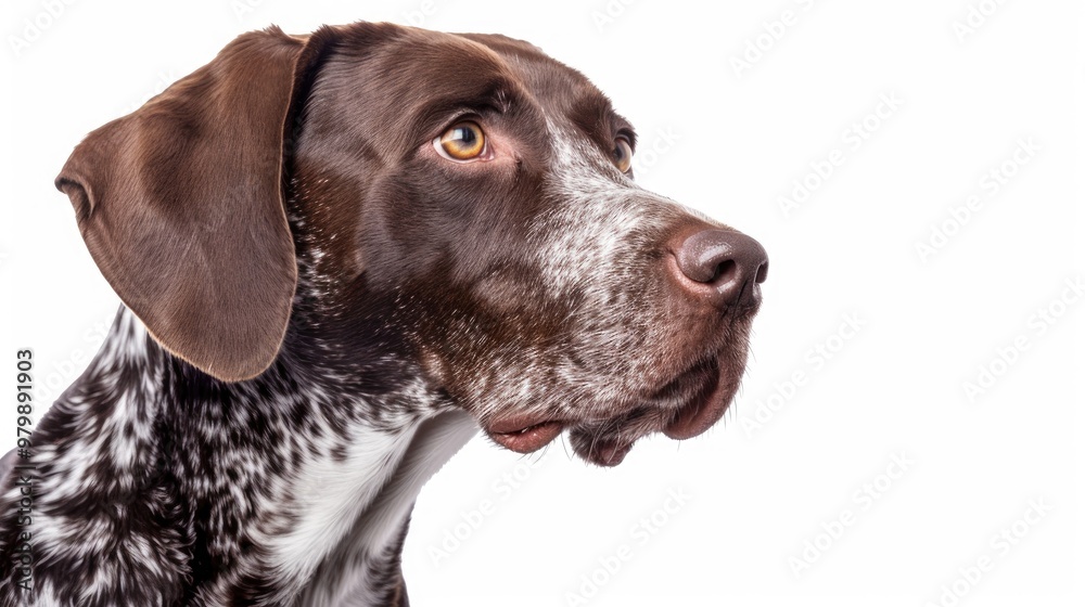 Five year old German Shorthaired Pointer against white backdrop Five year old German Shorthaired Pointer against white backdrop