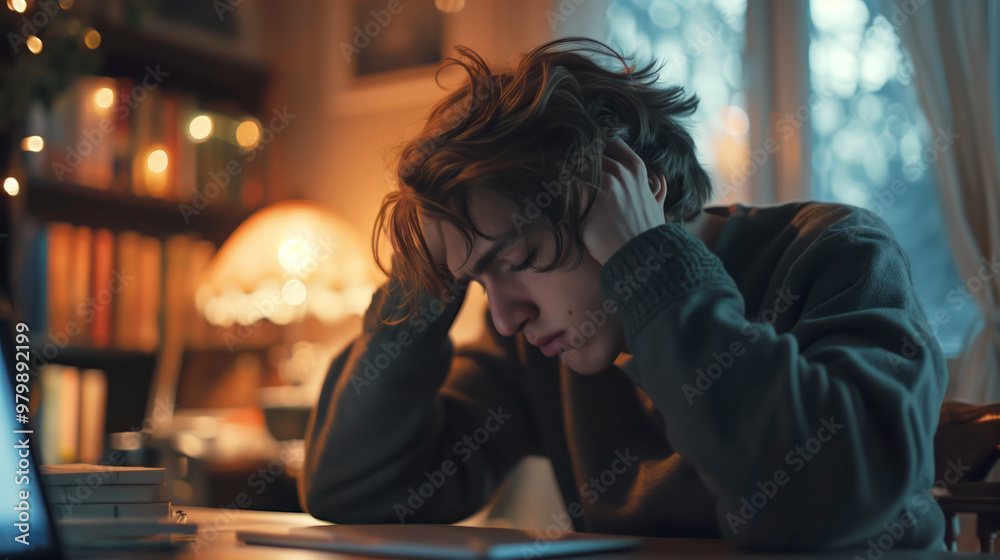 A person holding their head in pain from staring at a screen too long A person holding their head in pain from staring at a screen too long
