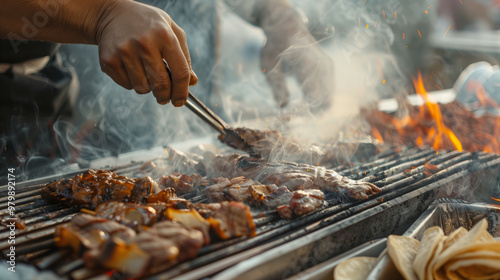 A street vendor grilling flavorful carne asada (grilled meat) for tacos