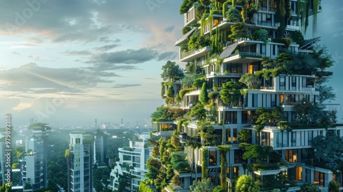 Futuristic Residential Skyscraper with Solar Panels in Modern Green Cityscape