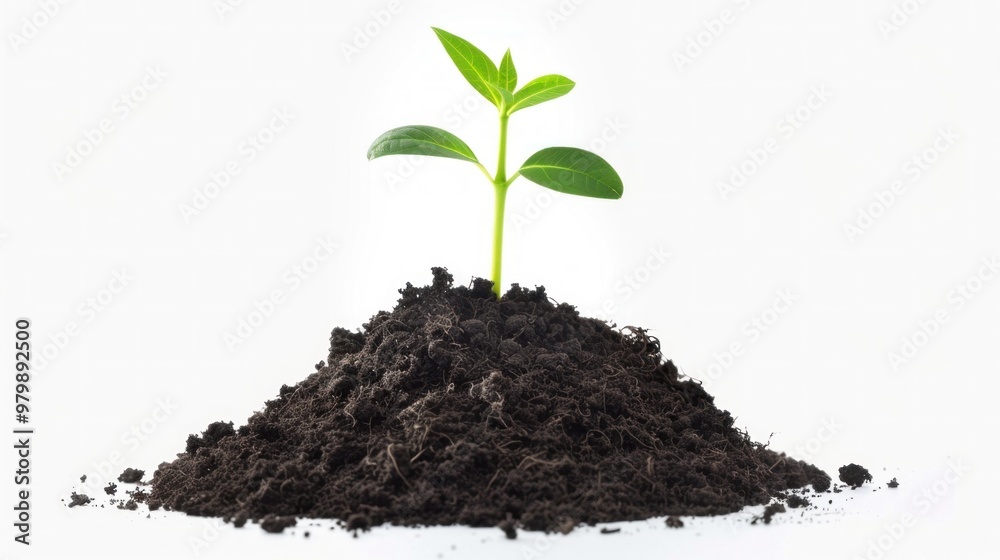 A small green plant is growing in a pile of dirt A small green plant is growing in a pile of dirt
