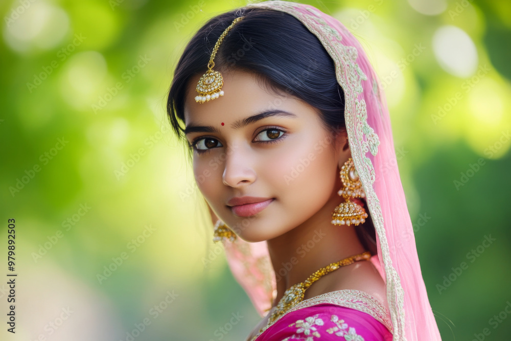 Portrait of beautiful young Indian woman wearing traditional clothes and earrings looking at camera against green nature background Portrait of beautiful young Indian woman wearing traditional clothes and earrings looking at camera against green nature background