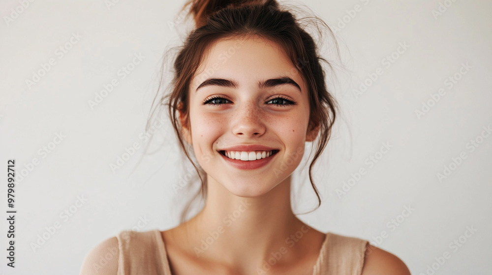 Portrait of a Young Happy Woman Looking at Camera, Skincare Beauty and Dental Care Concept, Isolated on White Background Portrait of a Young Happy Woman Looking at Camera, Skincare Beauty and Dental Care Concept, Isolated on White Background