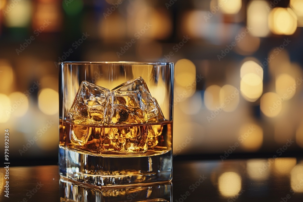 Glass of whiskey with ice cubes on a bar counter Glass of whiskey with ice cubes on a bar counter