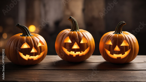 Three carved pumpkins with faces carved into them on a table with lights in the background and a dark background