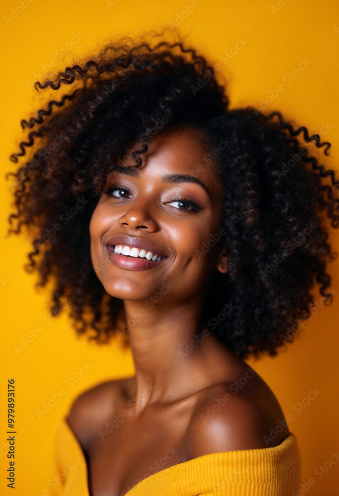 Portrait of a confident African American woman with curly hair, set against mustard yellow.
Portrait of a confident African American woman with curly hair, set against mustard yellow.