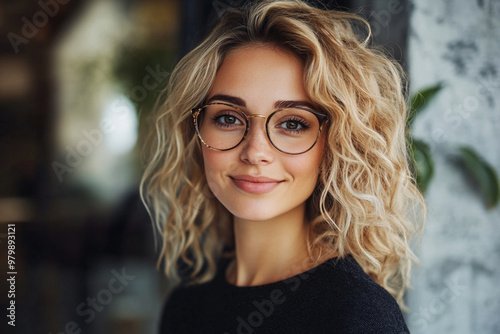 Stylish, confident blonde businesswoman with glasses, smiling and looking at the camera