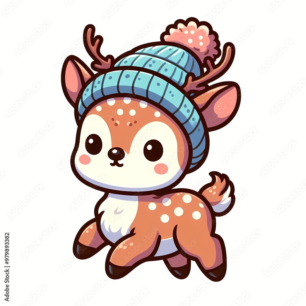 Naklejka premium Cute Deer Wearing Beanie Hat Winter Cartoon Vector Icon Illustration