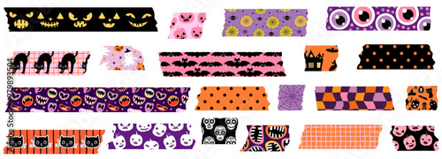 Cute Halloween Vector Washi Tape, Pink, Orange and Black Masking Tape Illustration with Pumpkins, Cats, Skulls, Spiders, Monster Mouths and Eyes for Scrapbook, Wrapping and Interior Design