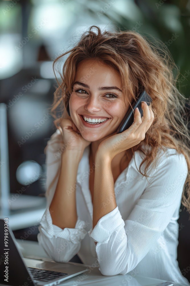 Fototapeta premium Confident businesswoman in a white blouse smiling while talking on the phone at her desk in a modern office environment